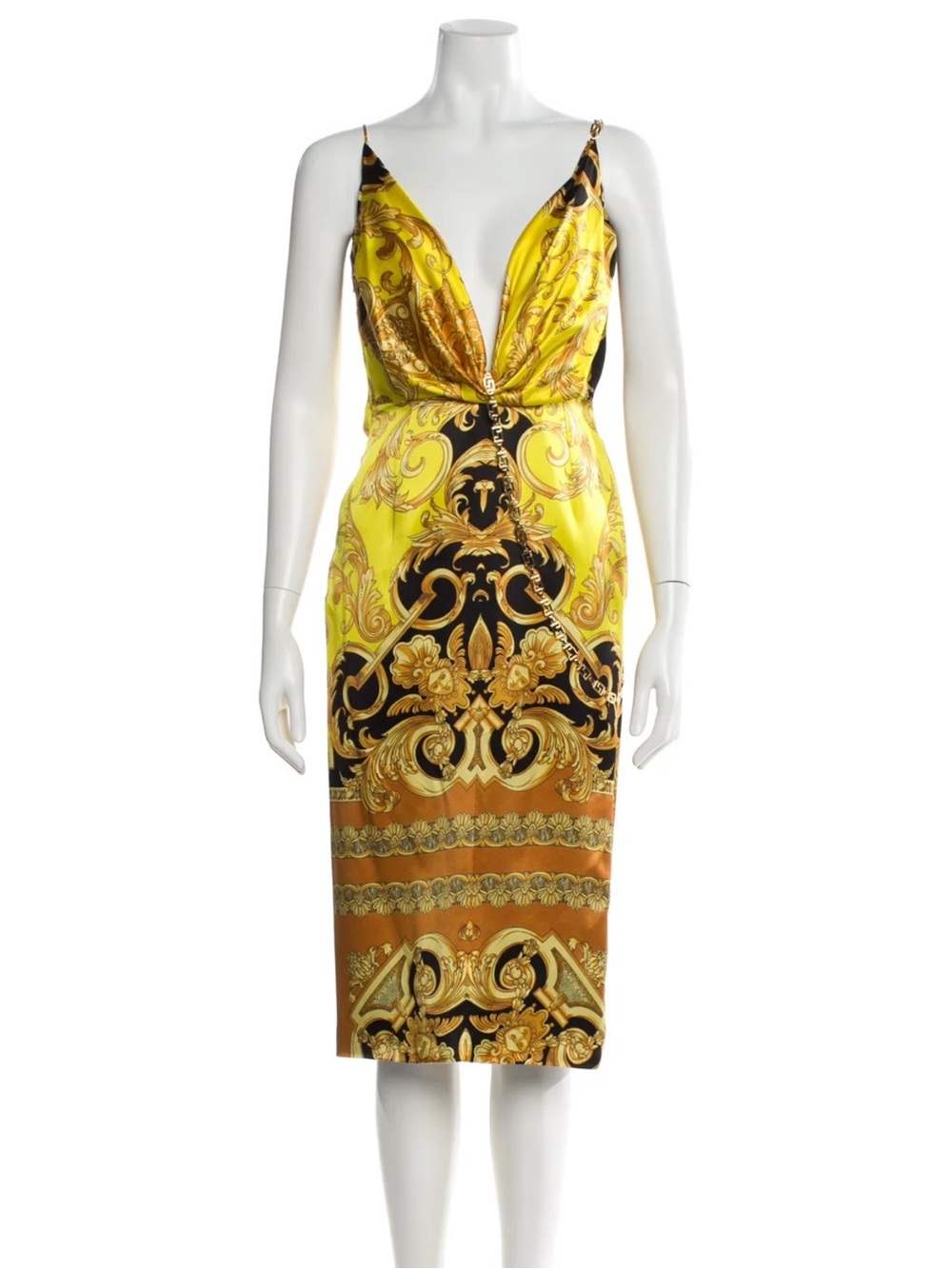 Versace Yellow and Black Baroque-Print 100% Silk Midi Dress IT size 38